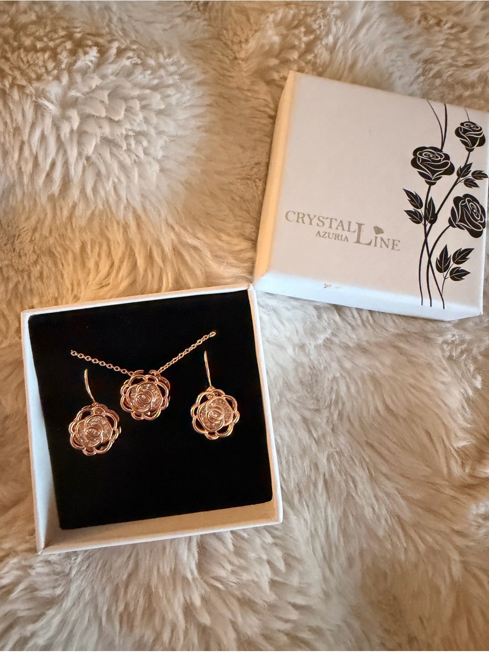 Crystal Line Rose Gold Floral Necklace & Earring Set by Crystal Line